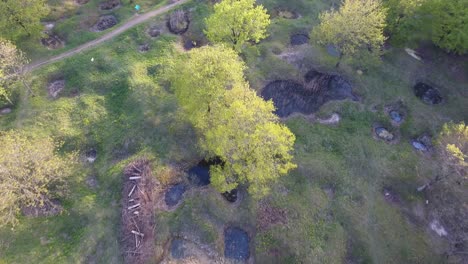 drone-shot-over-a-forest-and-ww1-shell-holes-filled-with-water